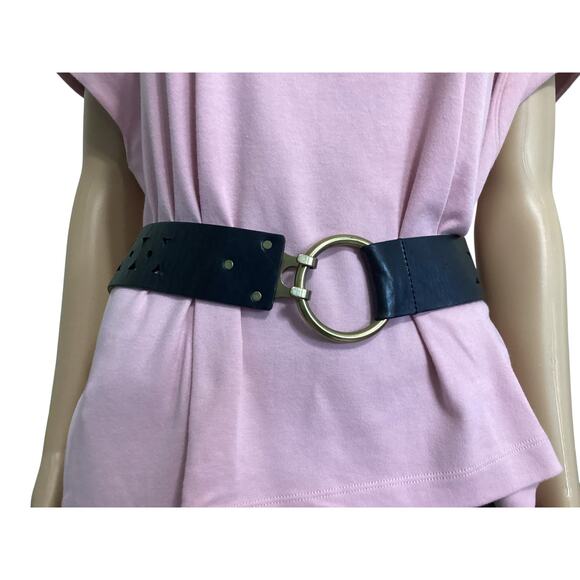 Lauren Ralph Lauren Black Leather Geometric Laser Cut Belt Brass claw Buckle XL main image 6